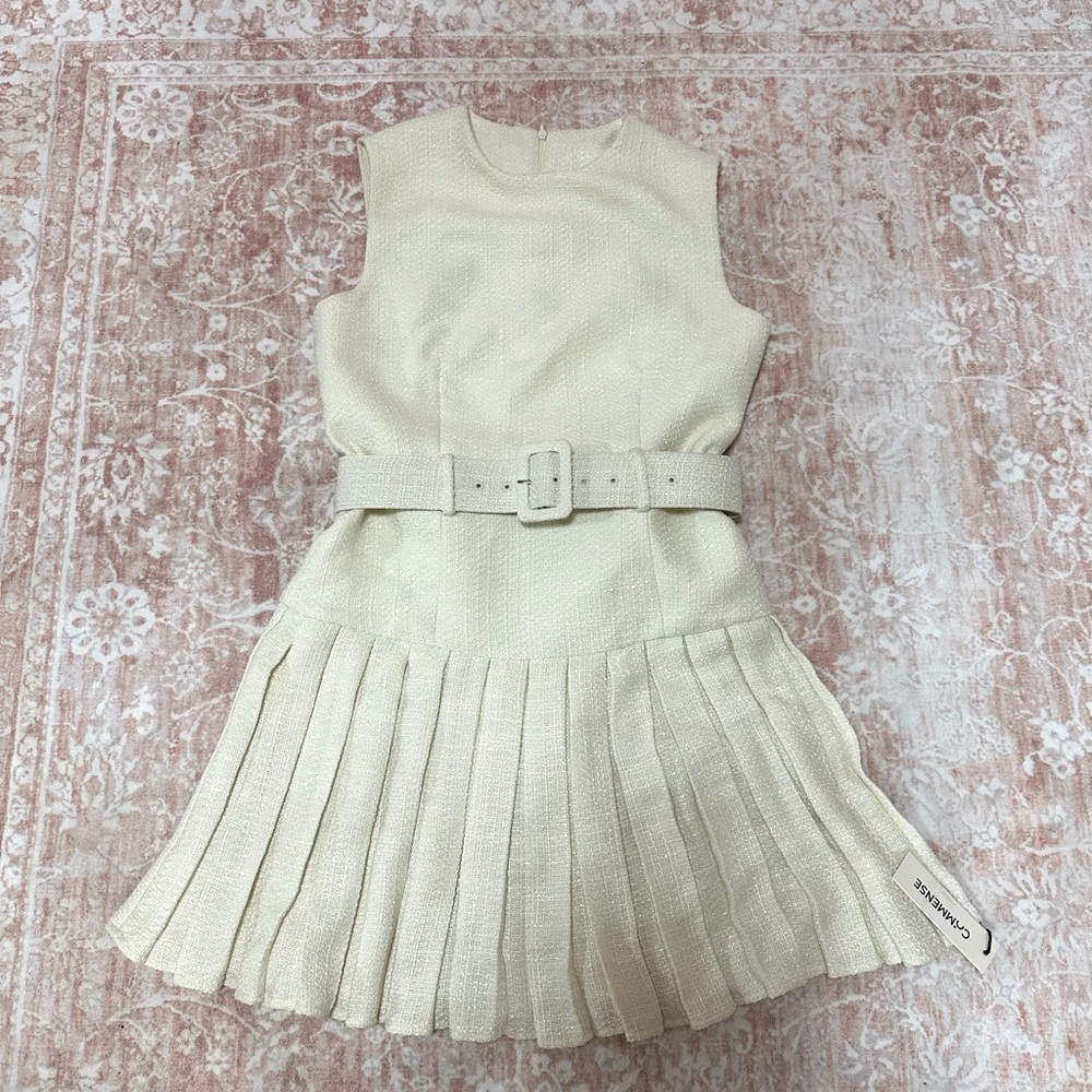 NWT Commense Tweed Pleated Cream Dress - Picture 2 of 14